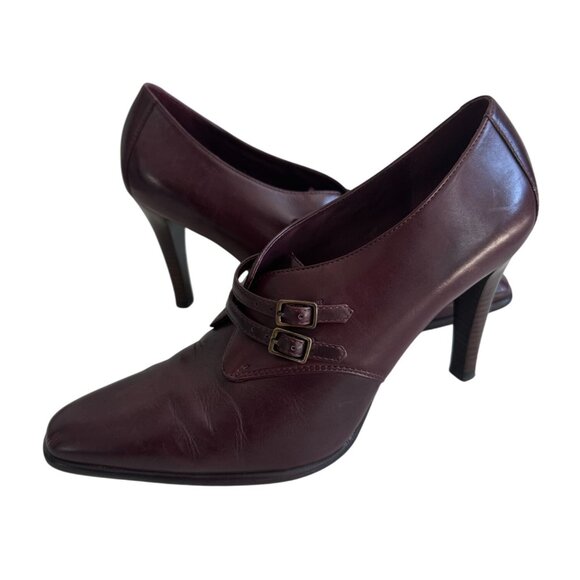 LAUREN RALPH LAUREN Burgundy Brown Tone Leather Booties Heels Size 8 - Picture 1 of 8